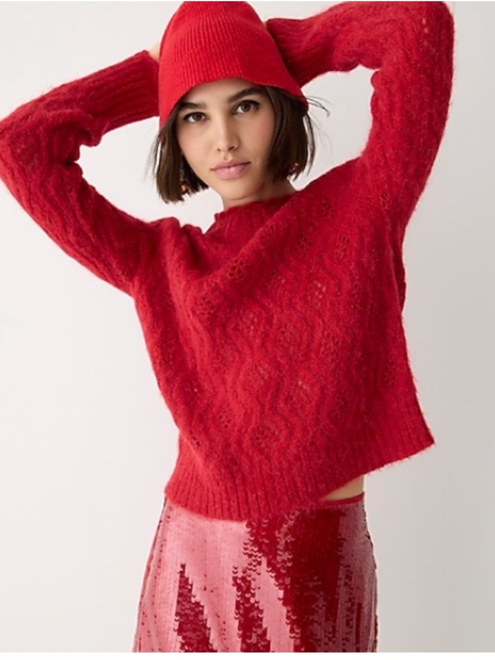J Crew Pointelle Scallop Trim Sweater in Deep Ruby Red Open Knit XL Wool Alpaca